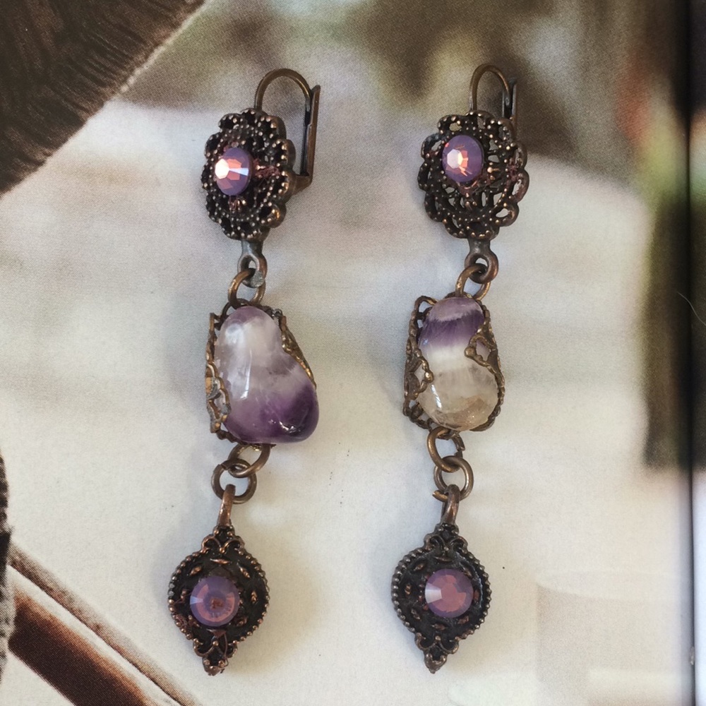 Natural stone , Swarovski  rhinestones with natural brass  and stone earrings - Picture 2 of 6